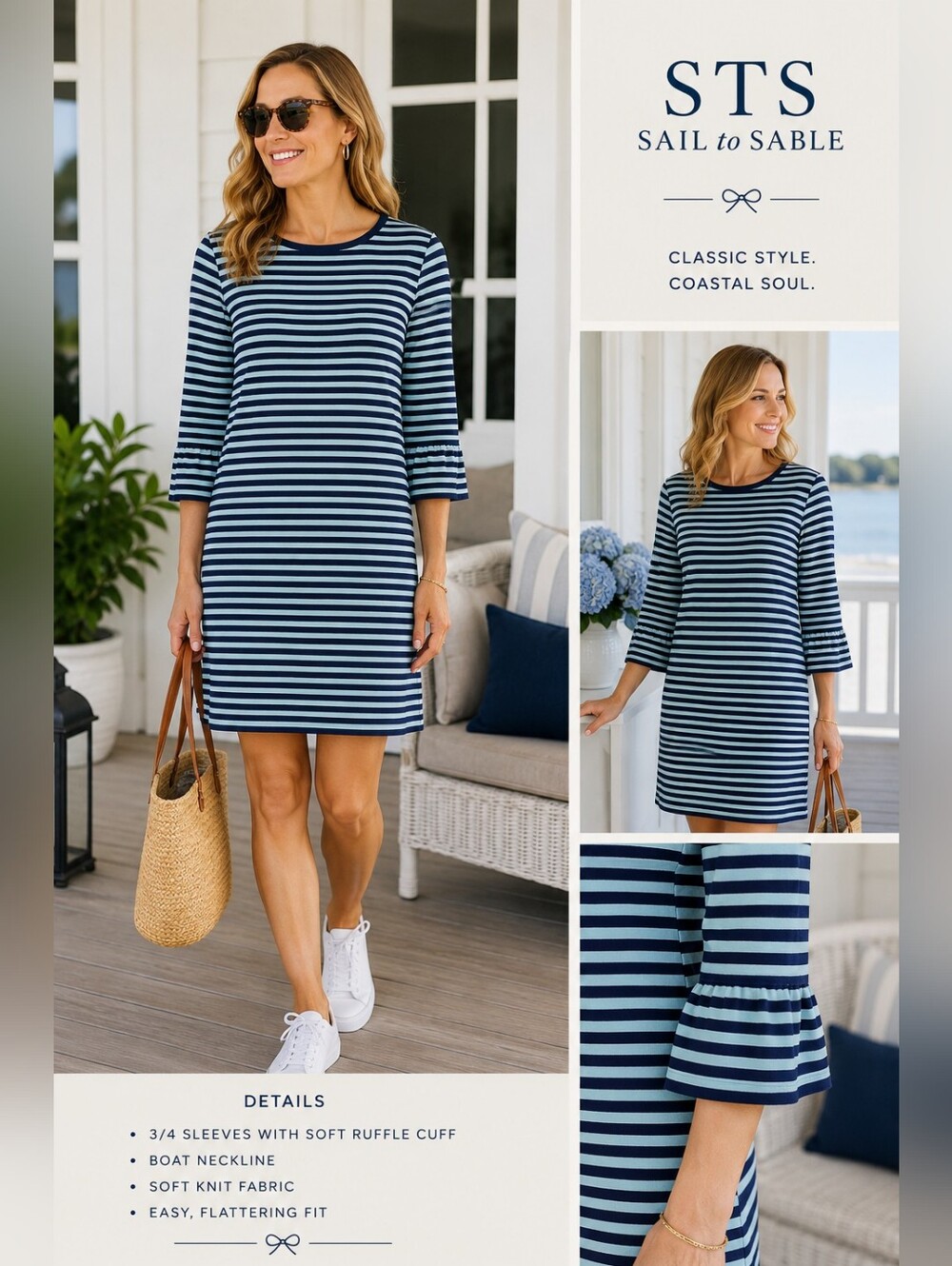 STS Sail to Sable Striped Knit Shift Dress M Aqua Navy Ruffle Sleeve